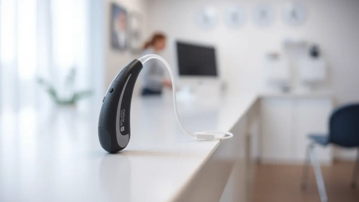 Imatge genèrica d'un audiòfon modern en un entorn clínic.