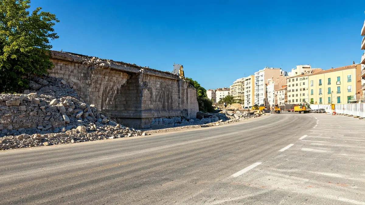 Imatge d'obres de construcció amb un mur enderrocat i maquinària pesada a Tortosa.