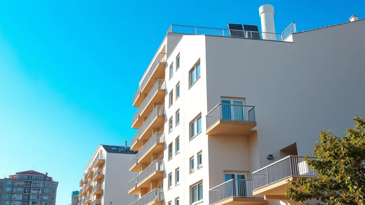 Imagen de un edificio de viviendas moderno con paneles solares