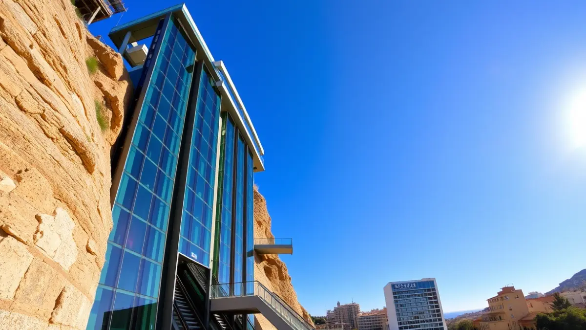Imatge dels nous ascensors panoràmics i passarel·les que connecten el centre de Tortosa amb l'Hospital Verge de la Cinta.