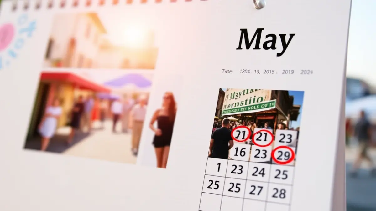 Imatge genèrica d'un calendari amb dates festives destacades i un ambient de festa al fons.