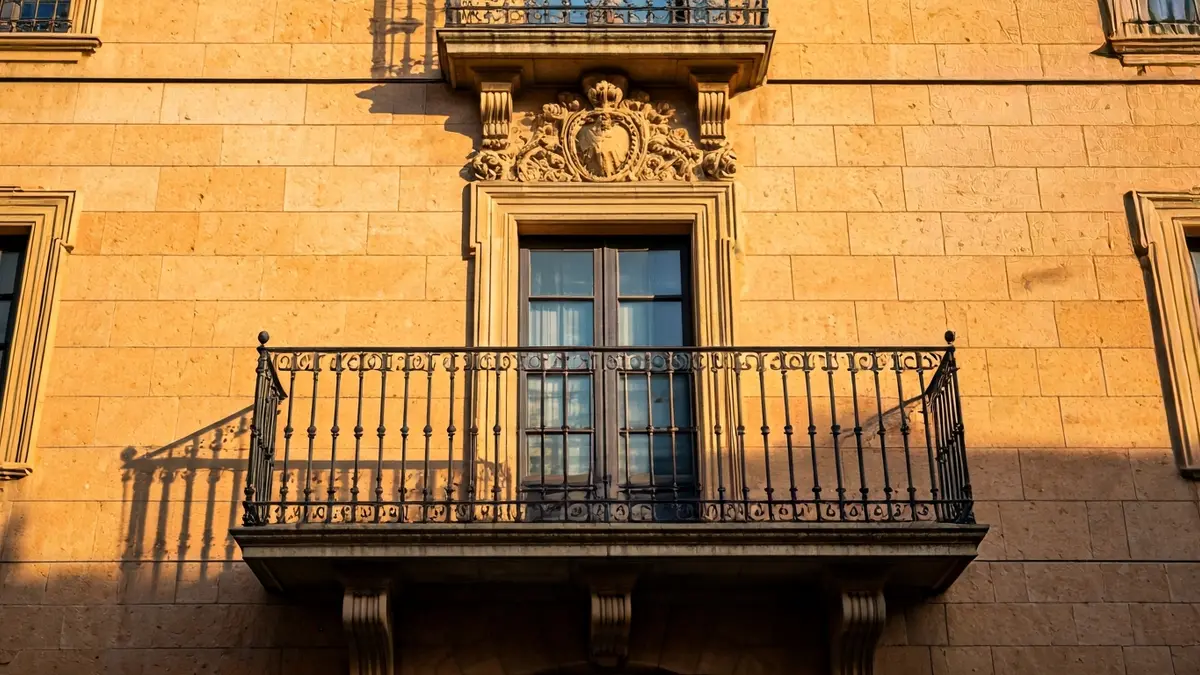 Façana d'un ajuntament mediterrani amb balcó i baranes de ferro forjat sota la llum del sol.