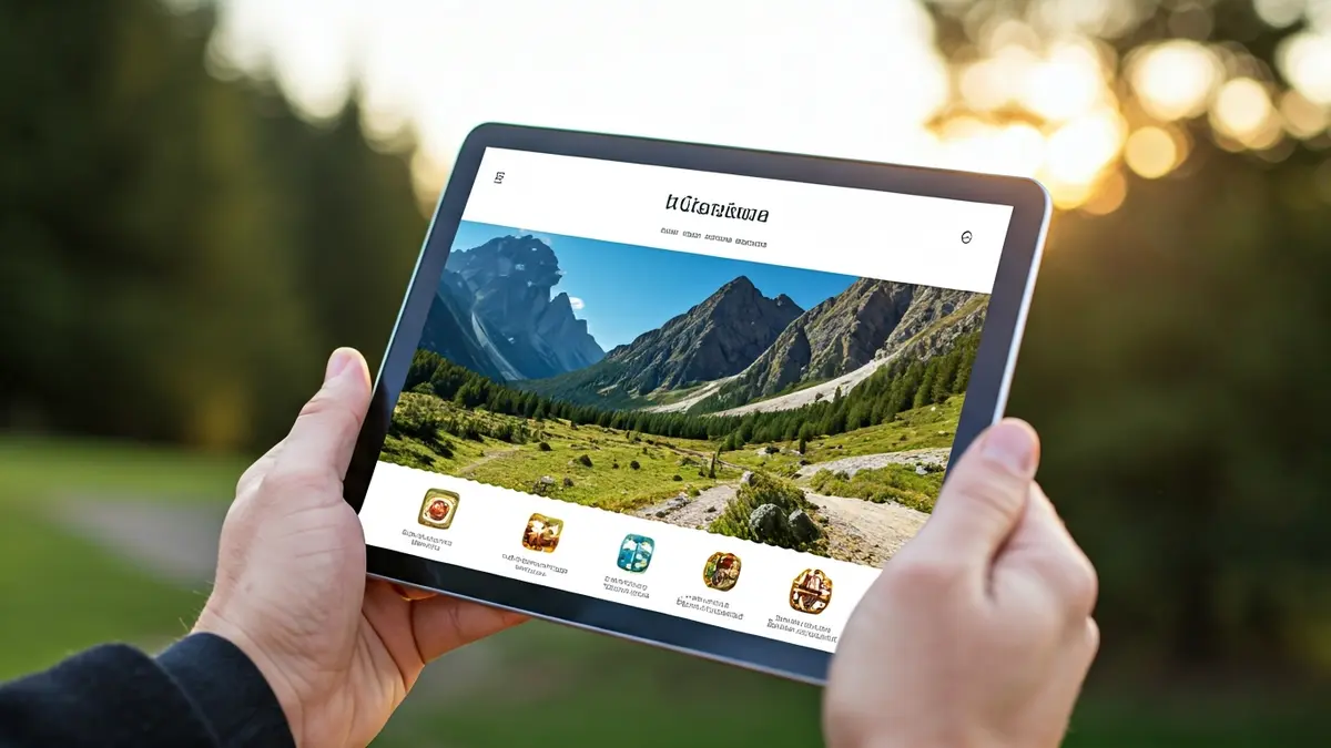 Imatge d'una pàgina web turística en una tauleta, amb un paisatge de muntanya de fons.