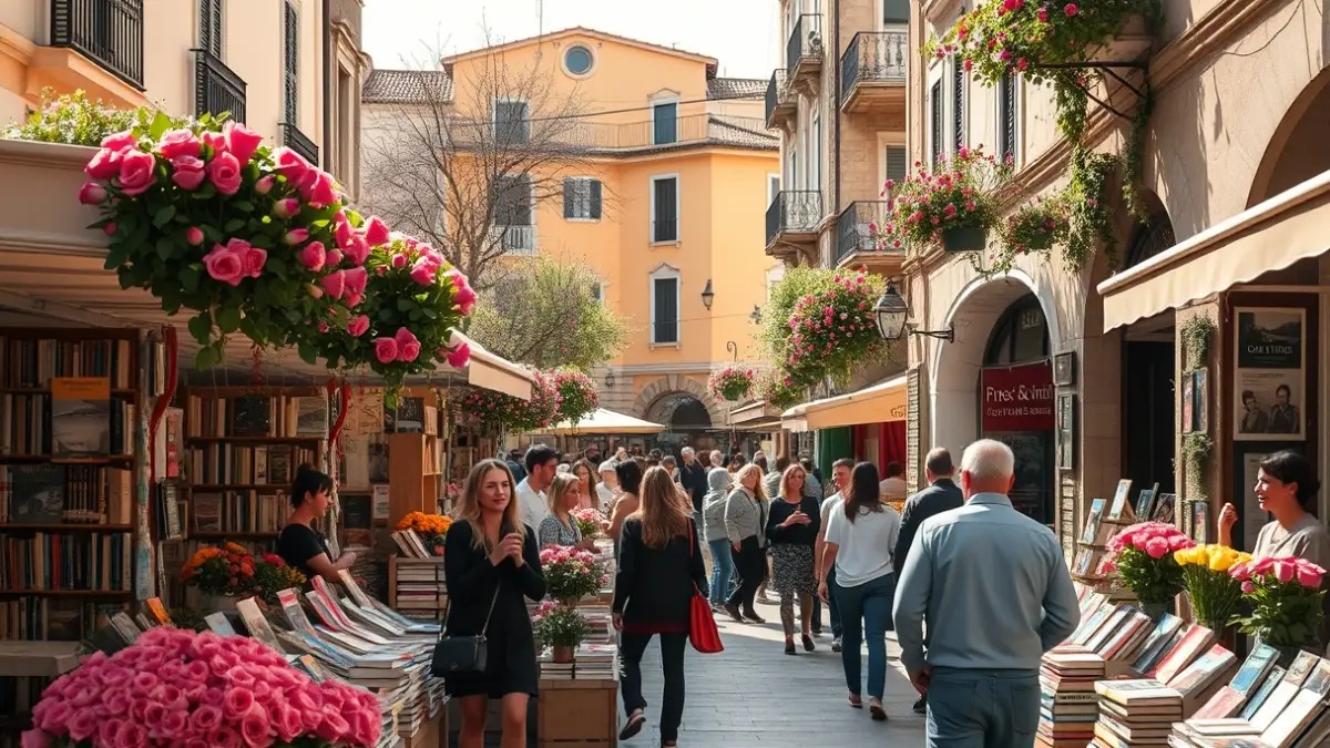 Image of a square with book and rose stalls celebrating Sant Jordi.