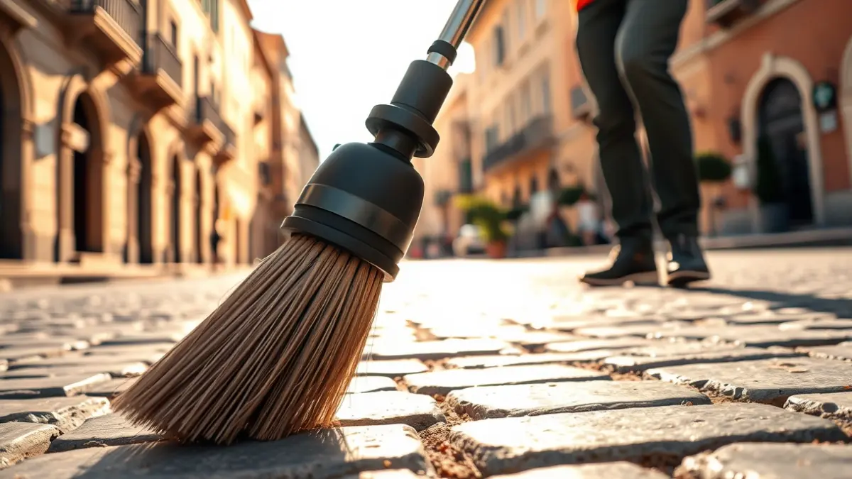 Generic image of a street being cleaned by a street sweeper, with historic buildings in the background.