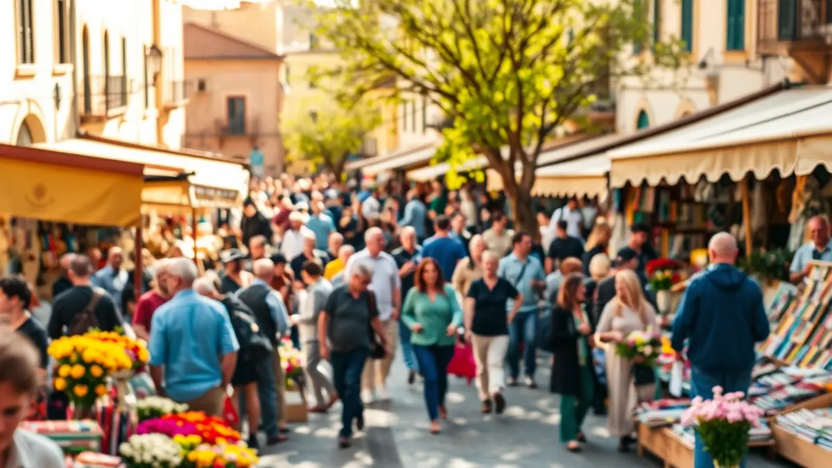 Imagen genérica de un mercado de Sant Jordi con puestos de libros y rosas en una plaza.