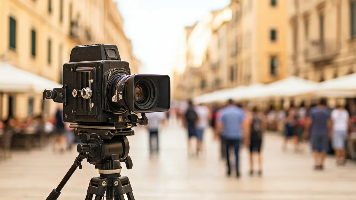 Càmera de cinema antiga en un carrer de Barcelona, amb edificis històrics al fons.