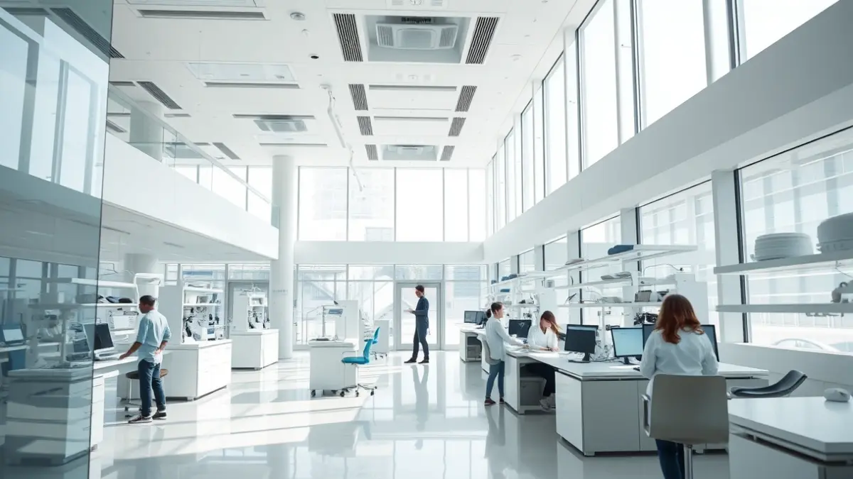 Imatge genèrica d'un espai de recerca modern amb llum natural i zones de treball col·laboratives.