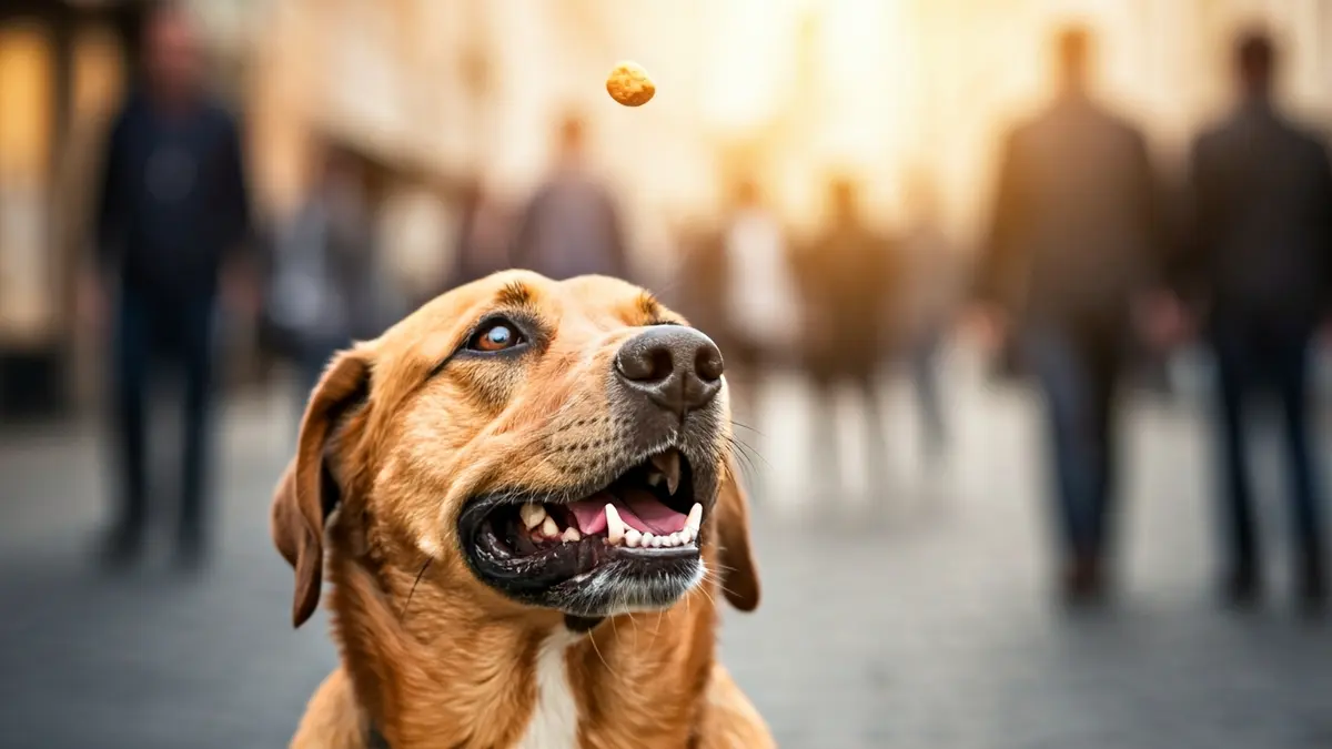 Generic image of a dog catching a snack in mid-air, with a funny expression.