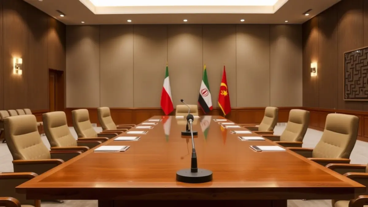 Generic image of a diplomatic meeting room, with a wooden table and microphones.
