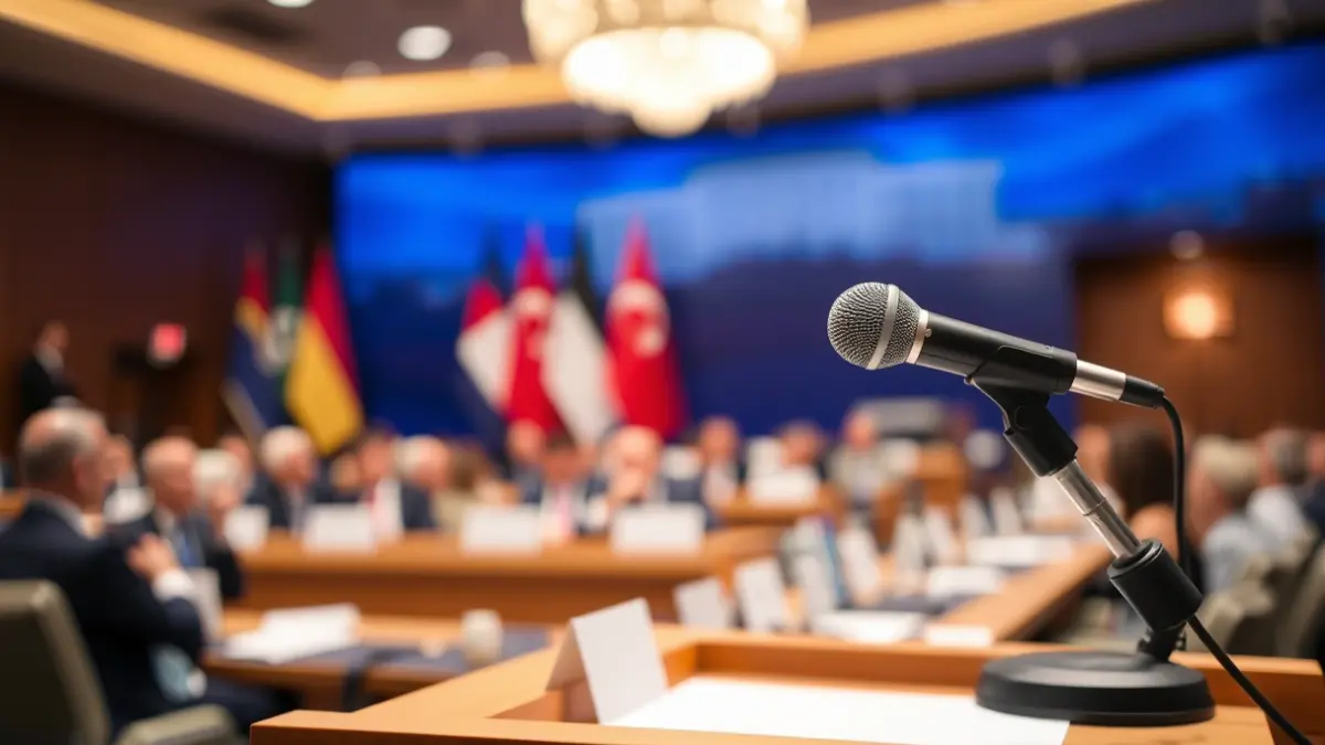 Generic image of a microphone on a podium during a political summit.