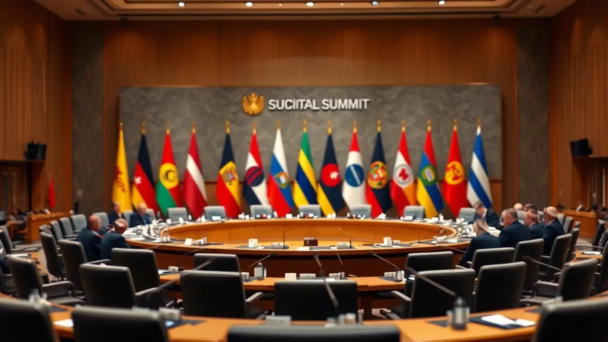 Imatge genèrica d'una sala de conferències amb micròfons i banderes borroses, representant una cimera internacional.