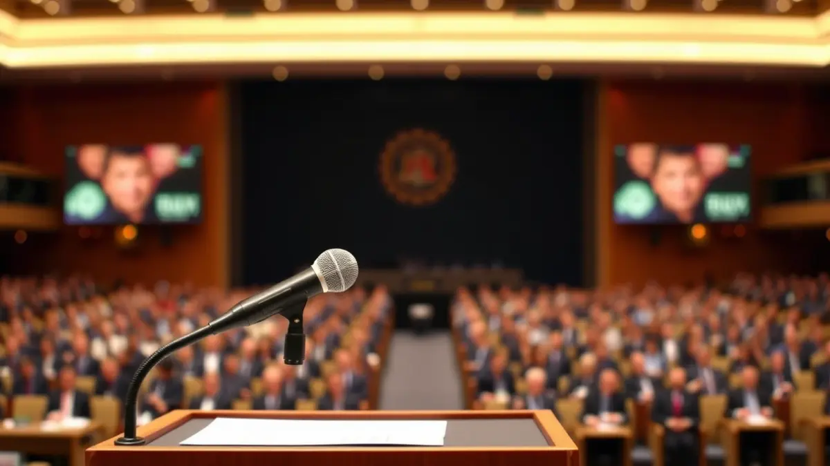 Micrófono en un atril durante una cumbre política internacional en Barcelona.