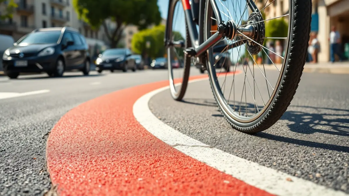 Image of a bicycle wheel on a red 'carpet' painted on a bike lane.
