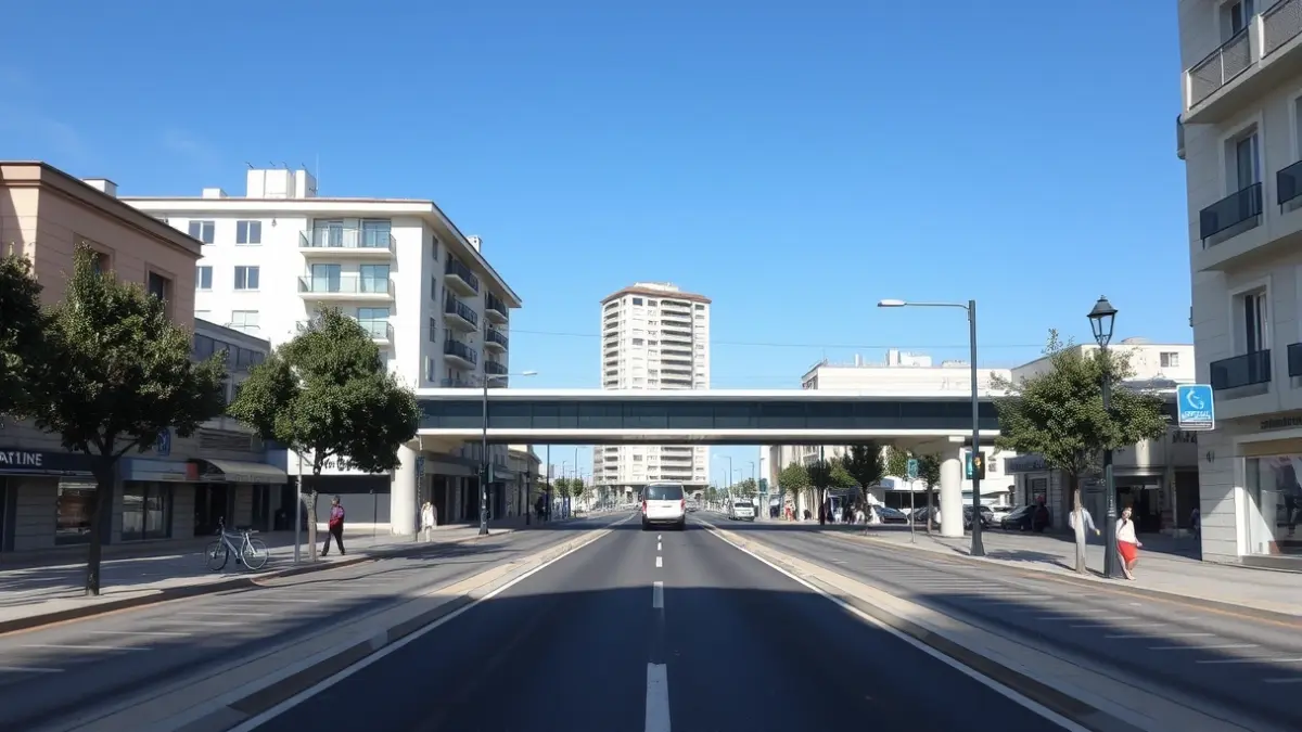 Image of a remodeled street with a single platform, prioritizing pedestrians and greenery.