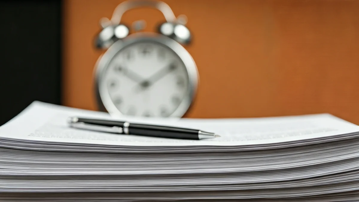 Imatge genèrica de documents oficials apilats amb un bolígraf i un rellotge, simbolitzant la lentitud burocràtica.