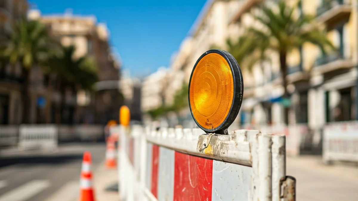Imagen genérica de una valla de obra en una calle de la ciudad, con herramientas de construcción y conos de seguridad.