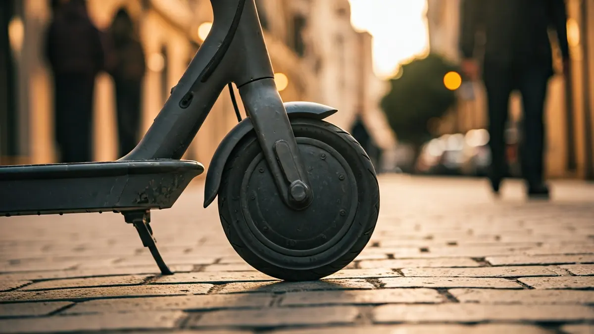Generic image of an electric scooter wheel parked on a Barcelona street.