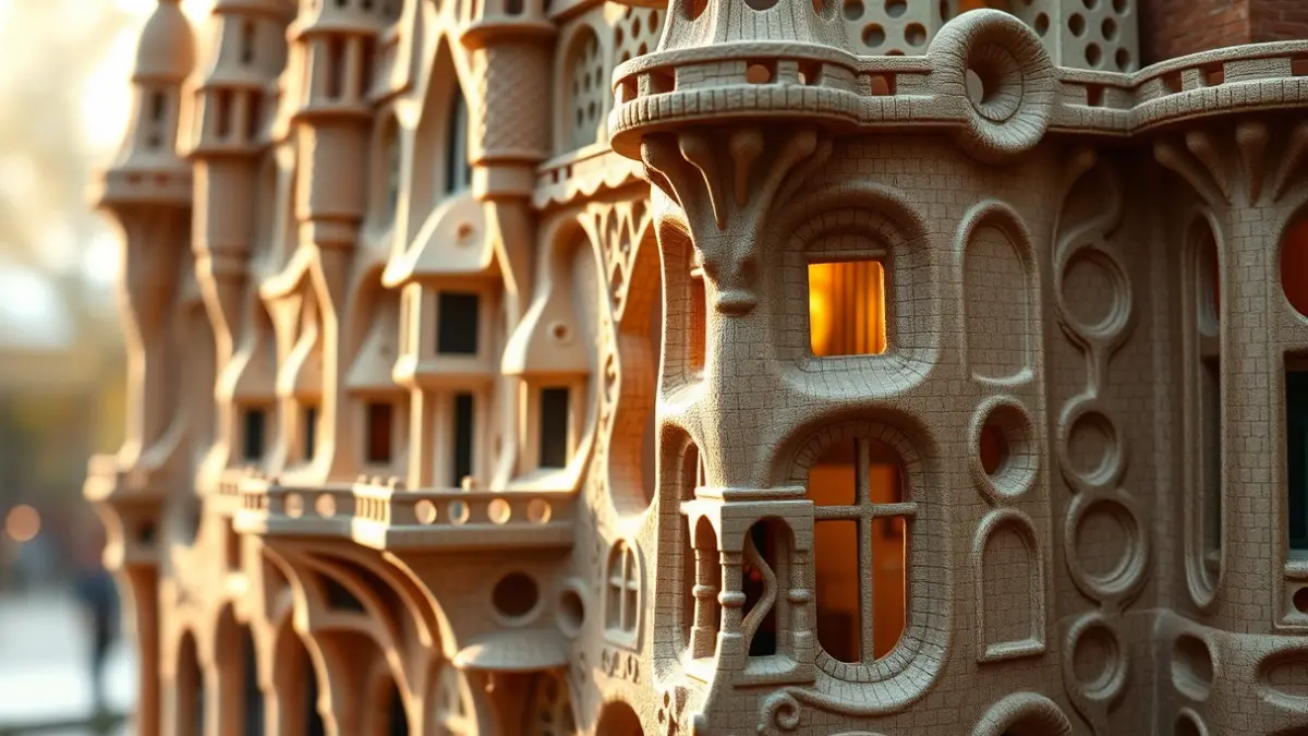 Imagen de una maqueta arquitectónica detallada de un edificio modernista, con patrones intrincados y formas orgánicas, iluminada con luz cálida.