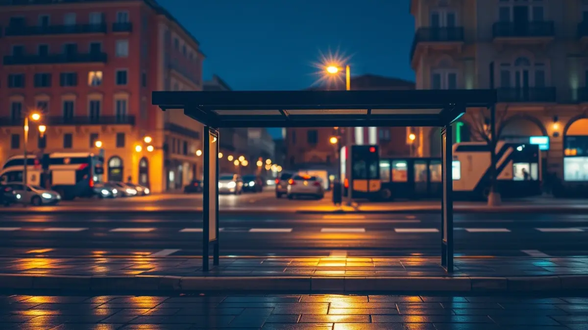 Generic image of a night bus stop in a Mediterranean city.