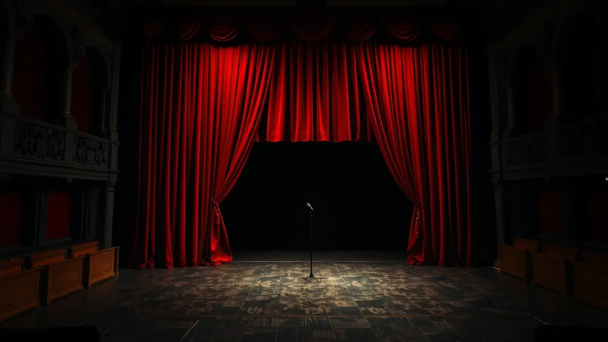 Escenario vacío de un teatro con cortinas de terciopelo rojo y un foco solitario.