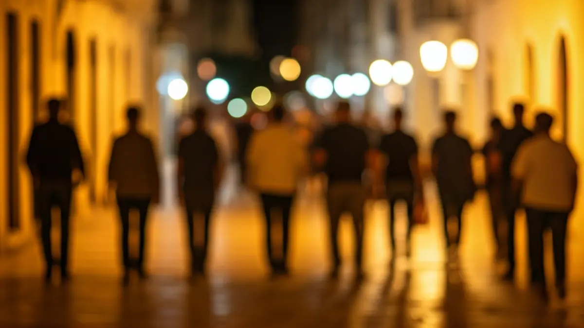 Generic image of a crowd of people walking on a stone-paved street at night.