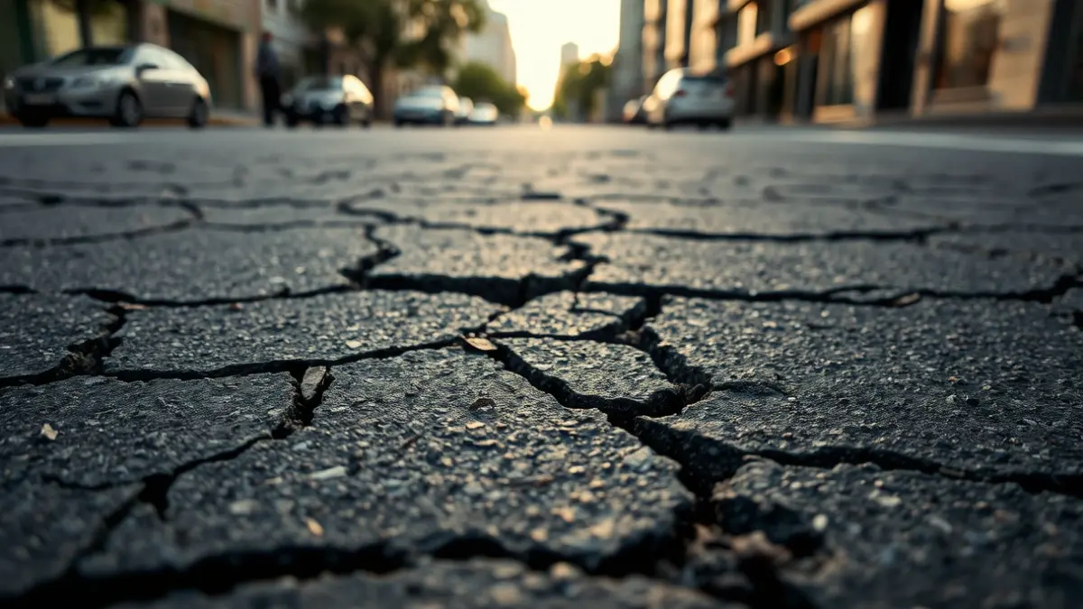 Image of urban pavement with cracks and uneven surfaces.