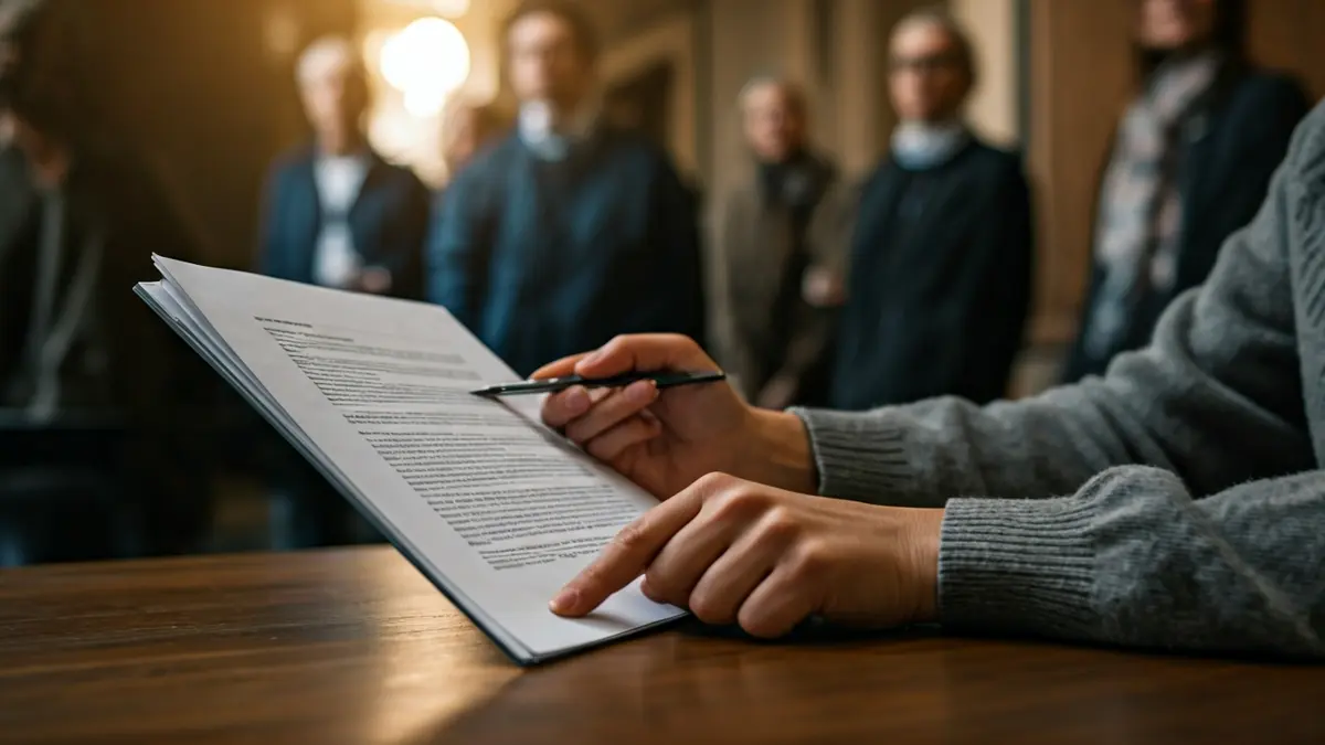 Imatge genèrica d'una mà assenyalant un document legal sobre drets d'habitatge.