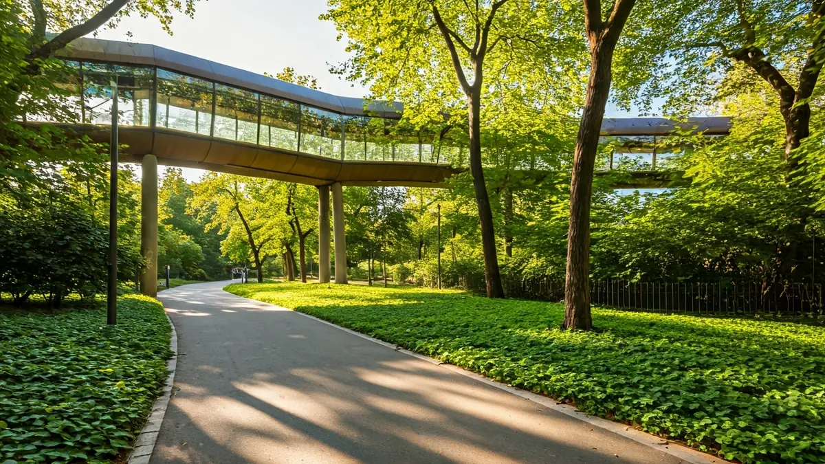 Image of a naturalized pathway with an elevated walkway in an urban park.