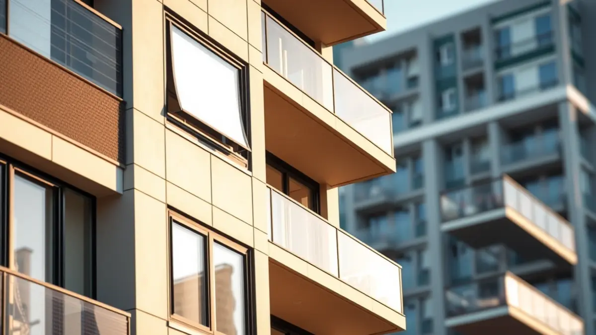 Image of a rehabilitated facade with new windows and balconies, featuring thermal insulation and integrated design.