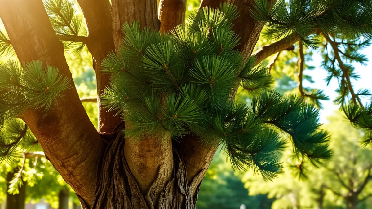 Image of a unique tree with dense foliage and a robust trunk, under sunlight in a park.
