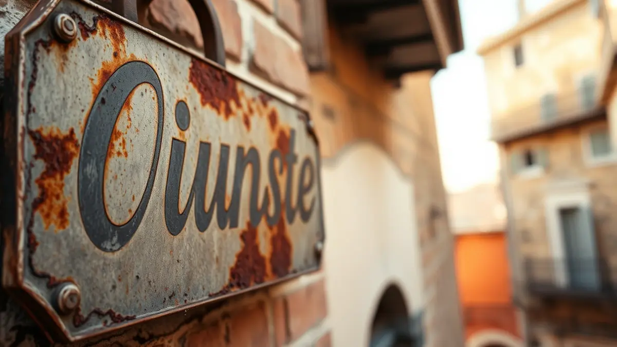 Image of a weathered vintage sign with cursive lettering on a brick facade.