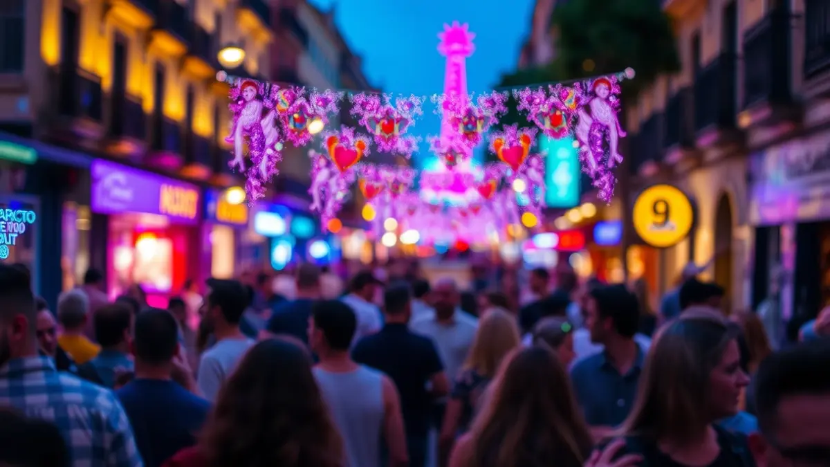 Generic image of a festive scene in Barcelona with crowds and lights.