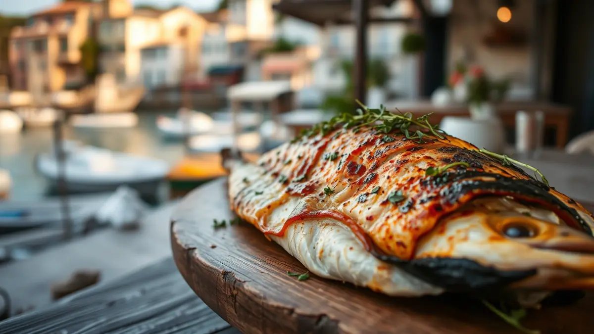 Imatge d'un plat de peix de roca cuinat, amb guarnició, en un entorn mediterrani.