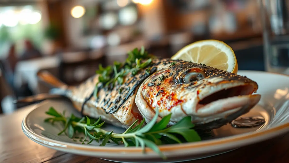 Imagen de un plato de pescado de roca, con guarnición y limón, en un restaurante.