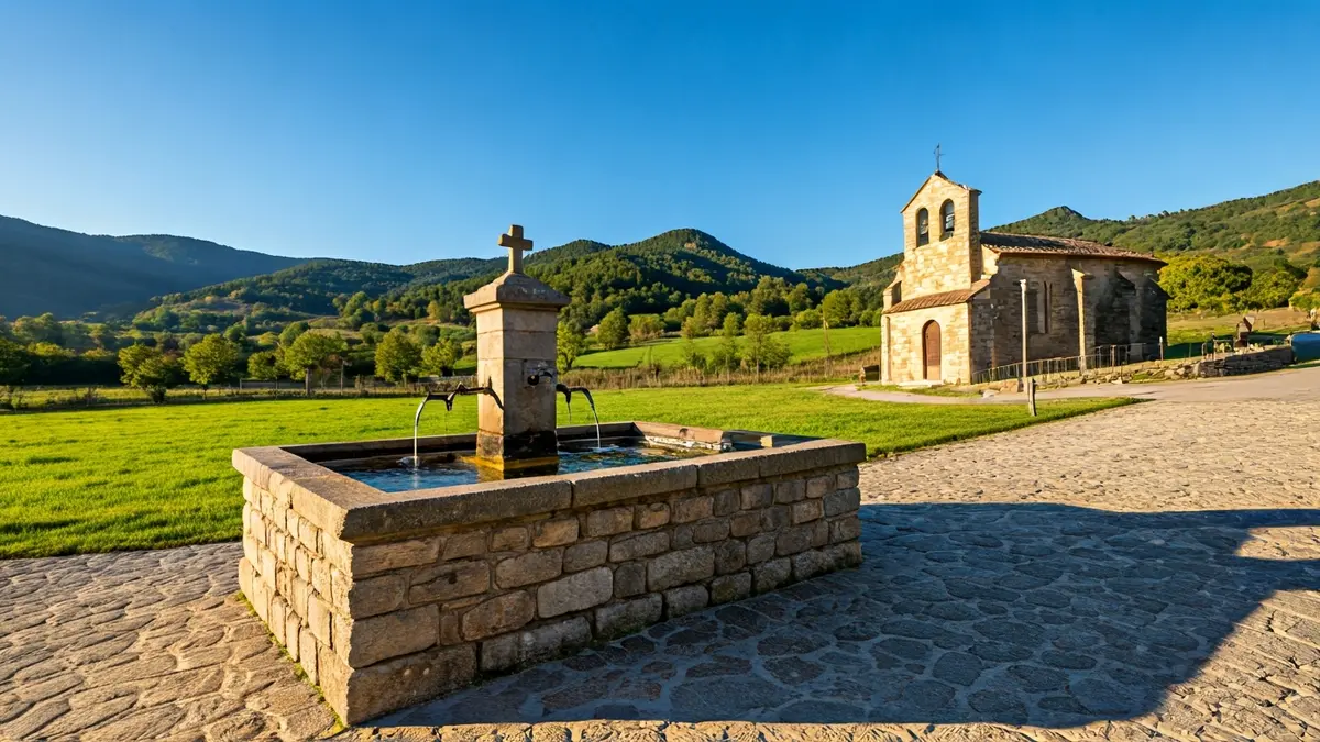 Fuente de Talló en Bellver de Cerdanya, con la capilla y el paisaje de montaña