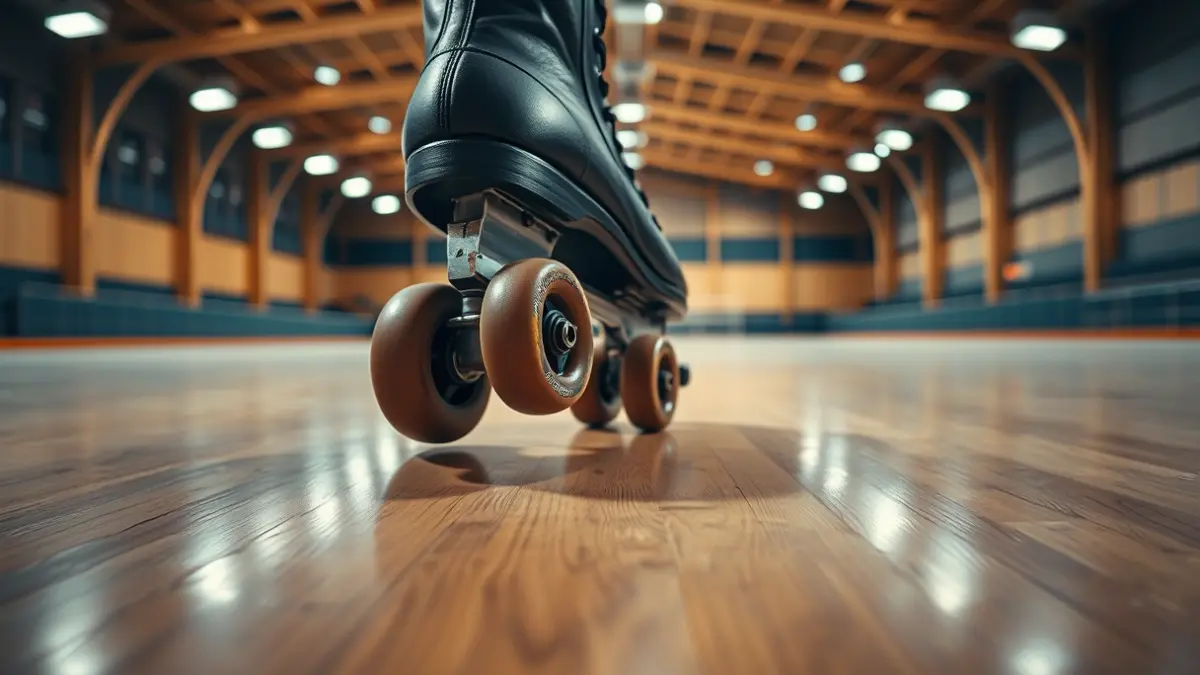 Generic image of a skate wheel on a wooden rink.