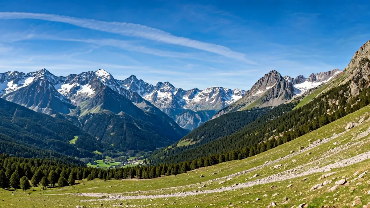 Generic image of a mountain landscape in the Catalan Pyrenees, with snow-capped peaks and green valleys.