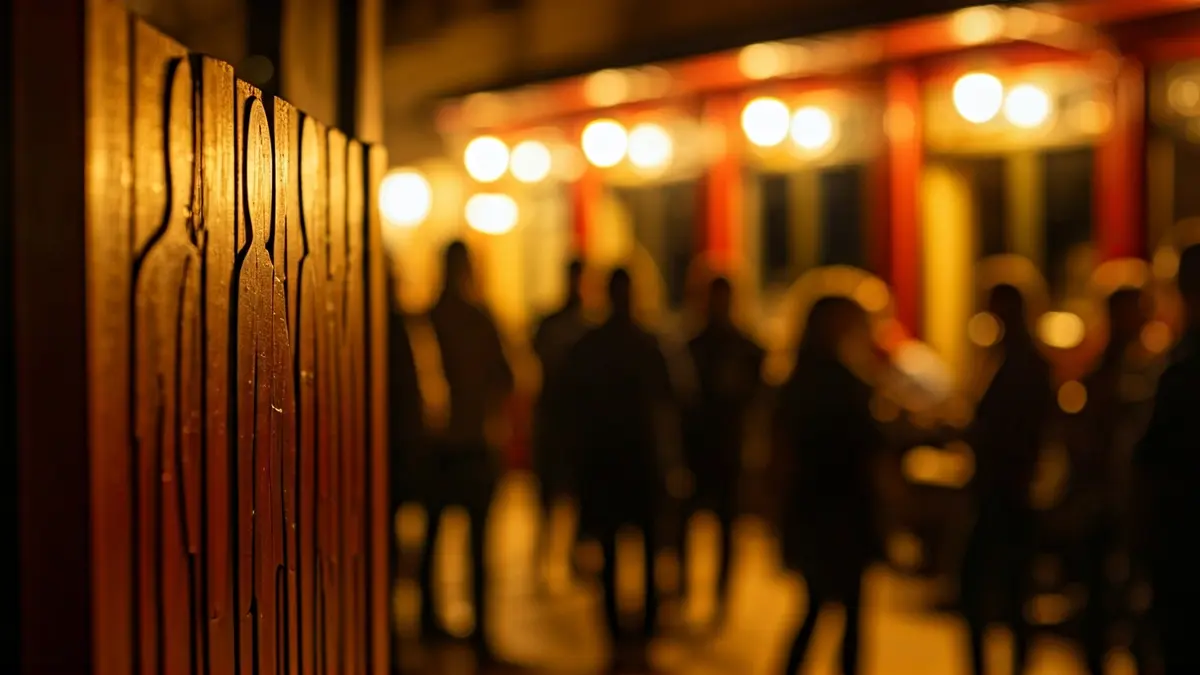 Pintura costumista moderna de figures humanes estilitzades sobre fusta.