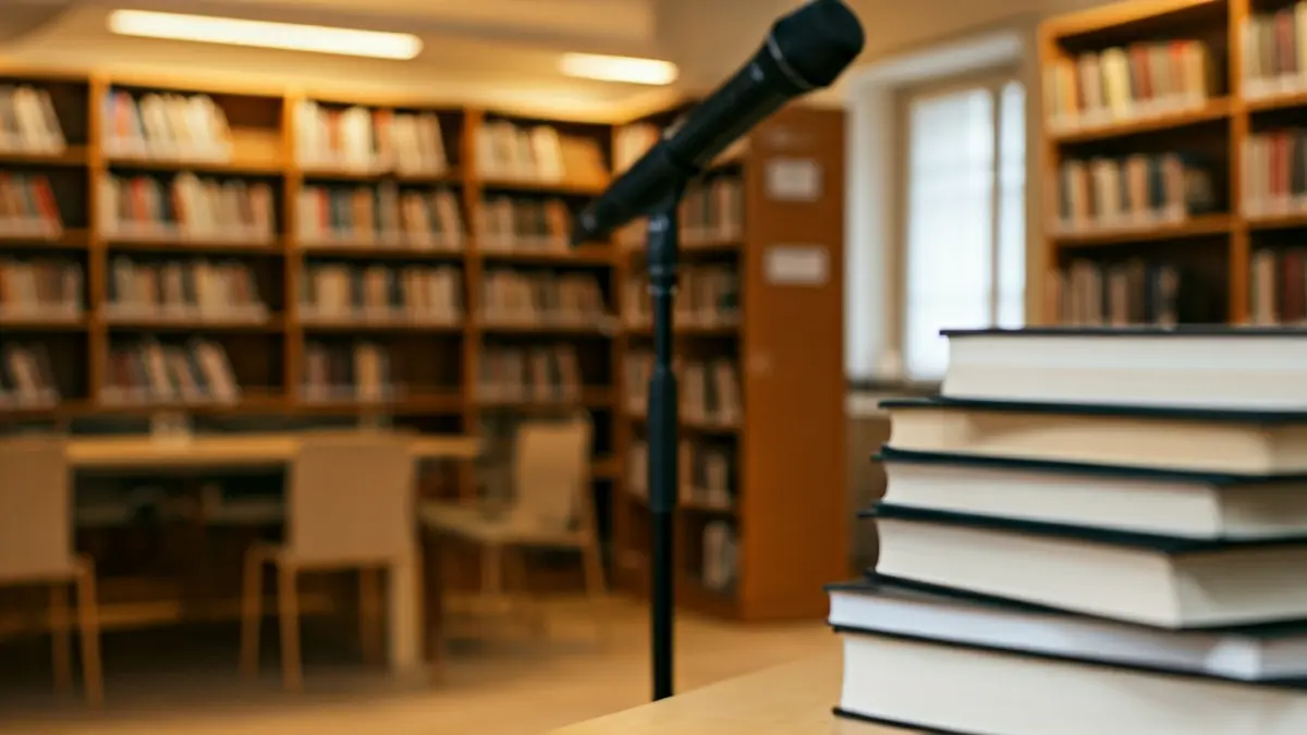Generic image of a library interior with wooden bookshelves and a podium with a microphone, with a blurred stack of books in the foreground.