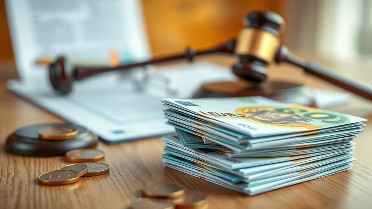 Generic image of money and legal documents, symbolizing an economic agreement and a judicial process.
