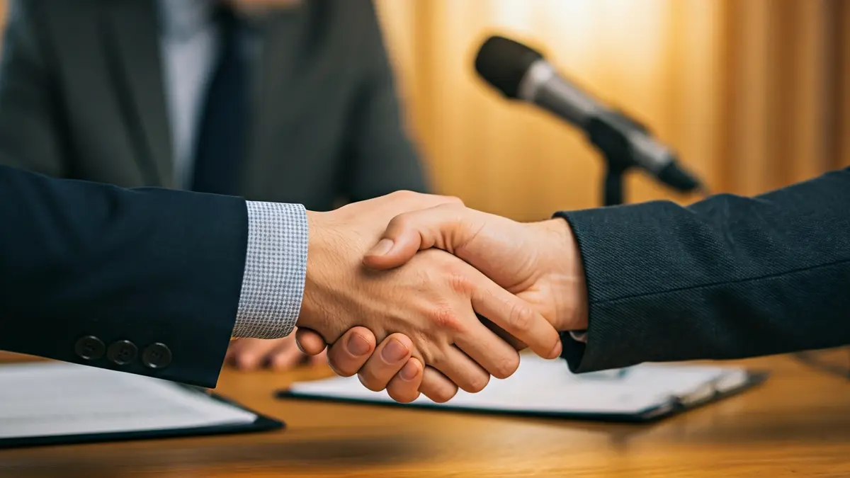 Generic image of a handshake over a desk, symbolizing a partnership agreement.