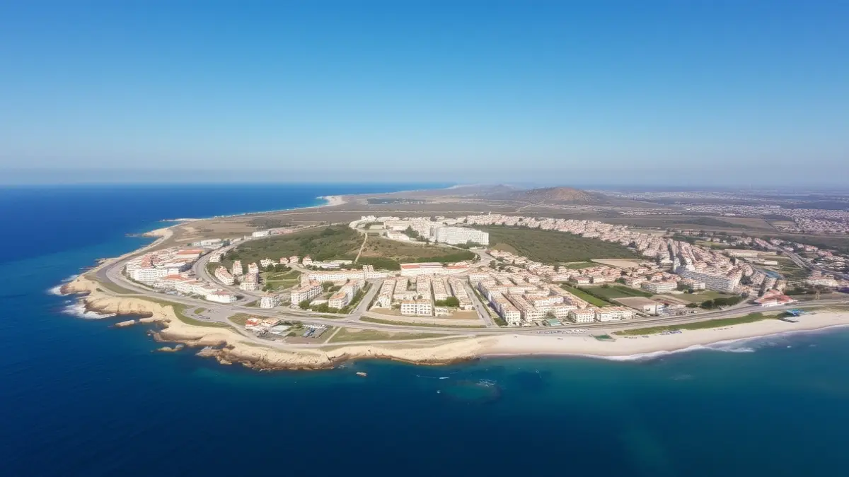 Aerial view of a coastal urban area with undeveloped plots and green spaces.