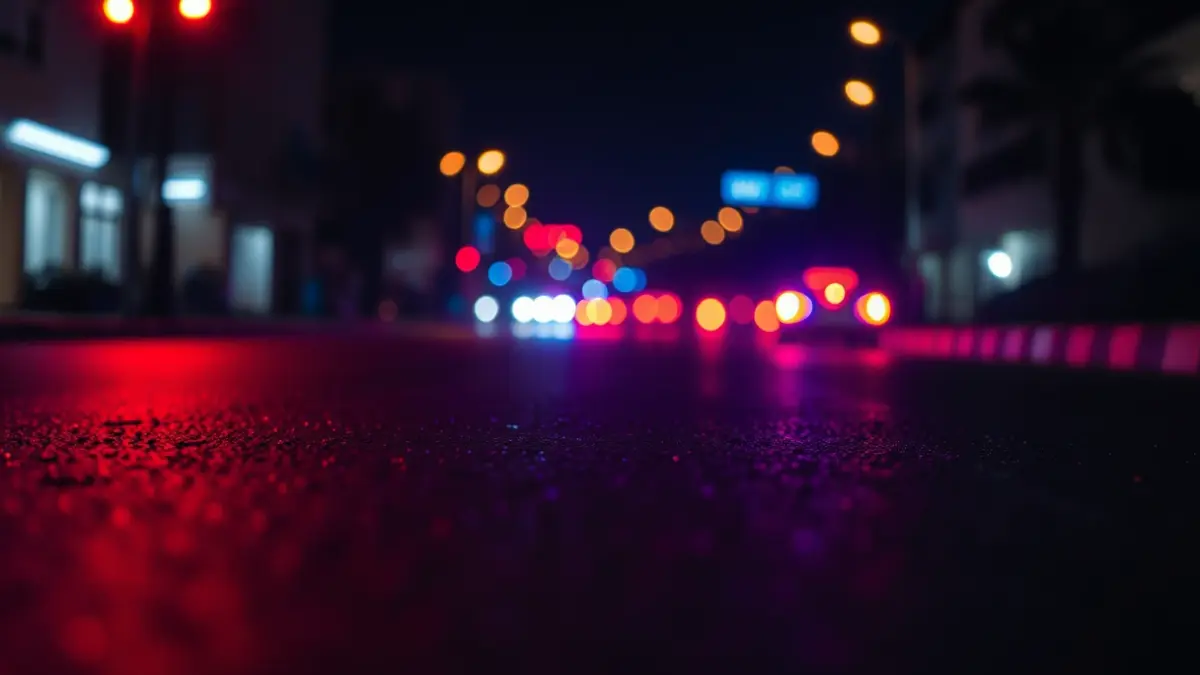 Generic image of emergency lights reflecting on wet asphalt at night.