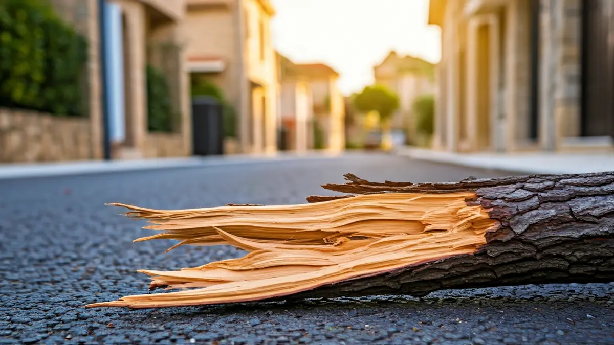 Imagen de una rama de árbol rota en una calle de pueblo, símbolo de los daños del viento.