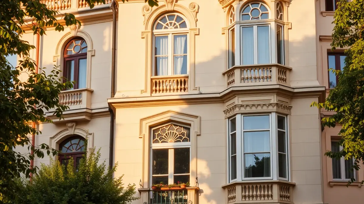 Imatge d'un edifici modernista amb detalls intricats i grans finestrals, il·luminat pel sol de la tarda.