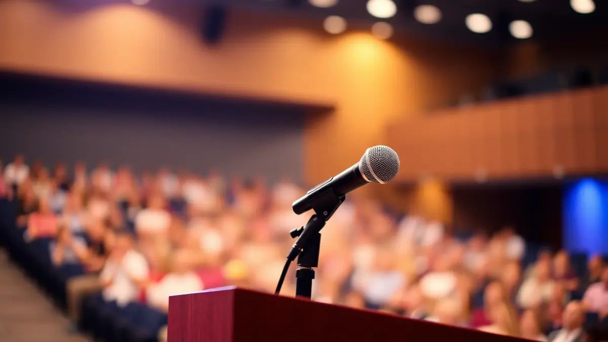 Imagen genérica de un micrófono en un atril, simbolizando la comunicación y la oratoria.