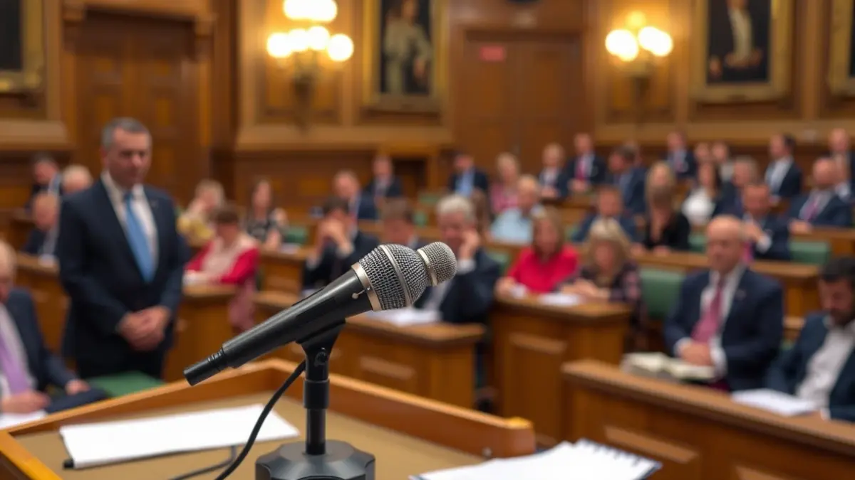 Generic image of a microphone on a podium in a council chamber, symbolizing a political change.