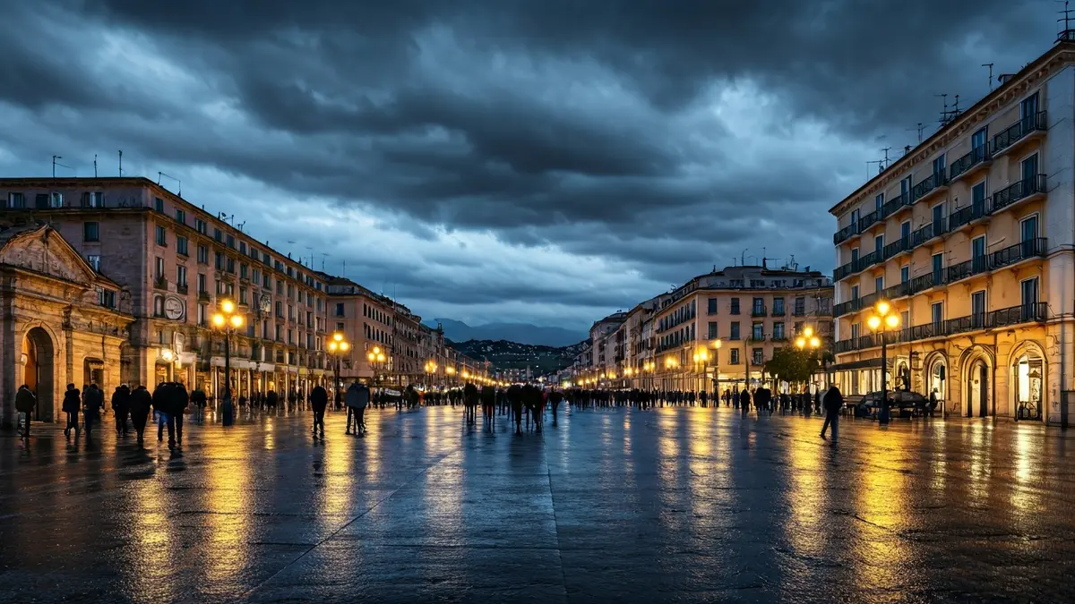 Imatge genèrica d'un cel ennuvolat i plujós sobre una ciutat mediterrània.