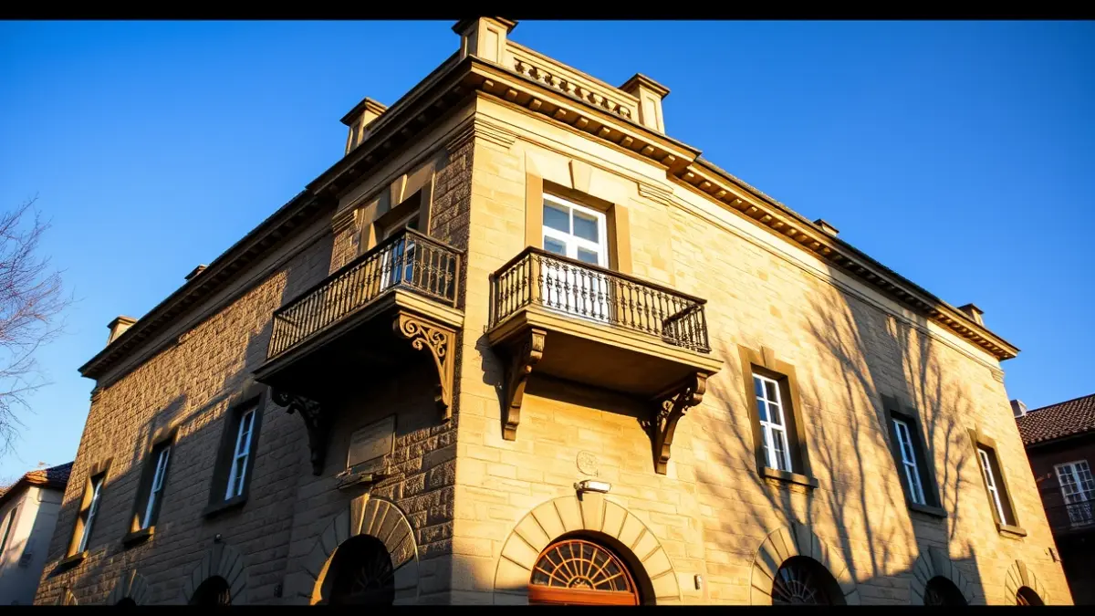 Fachada del ayuntamiento de Flix con balcones de hierro forjado bajo la luz del sol de la tarde.